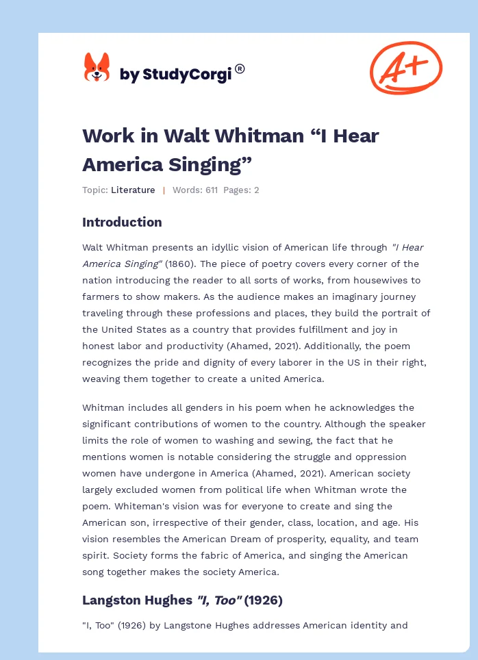 Work in Walt Whitman “I Hear America Singing”. Page 1