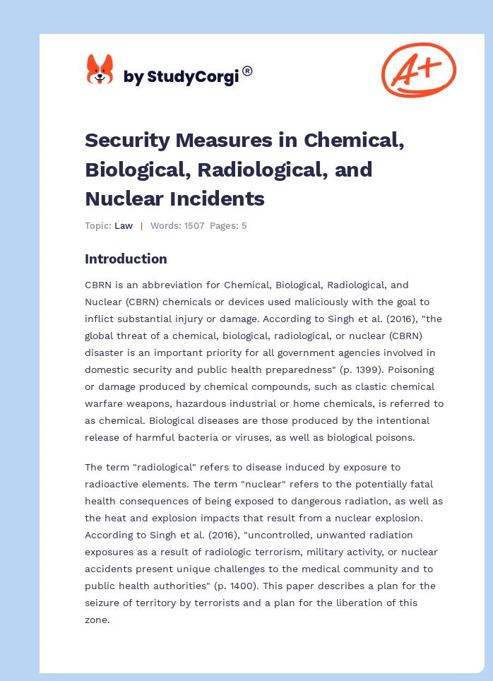 Security Measures in Chemical, Biological, Radiological, and Nuclear Incidents. Page 1