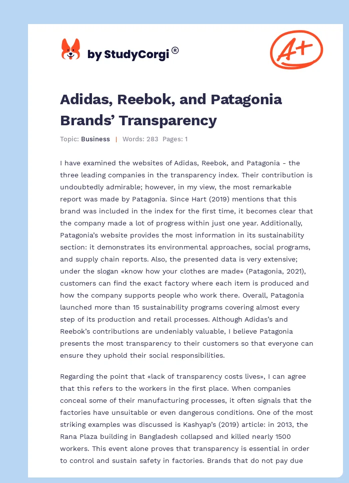 Adidas, Reebok, and Patagonia Brands’ Transparency. Page 1