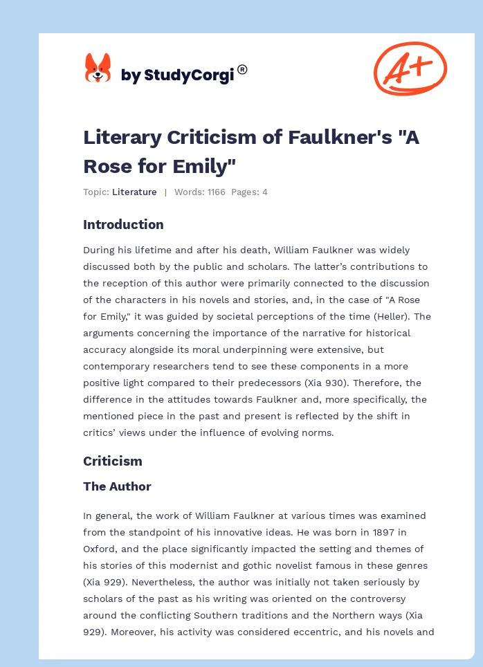 Literary Criticism of Faulkner's "A Rose for Emily". Page 1