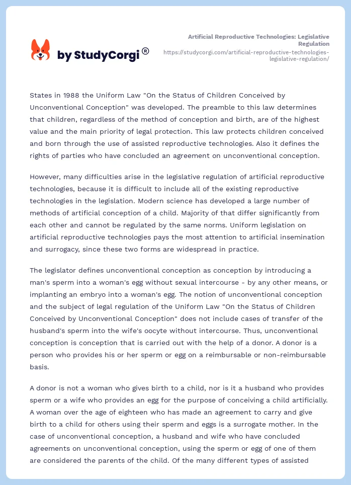 Artificial Reproductive Technologies: Legislative Regulation. Page 2