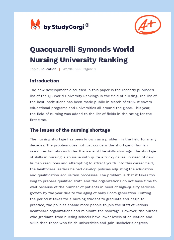 Quacquarelli Symonds World Nursing University Ranking. Page 1