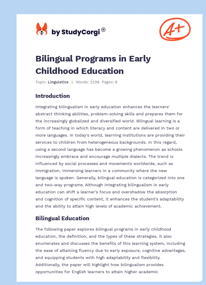 Bilingual Programs in Early Childhood Education. Page 1