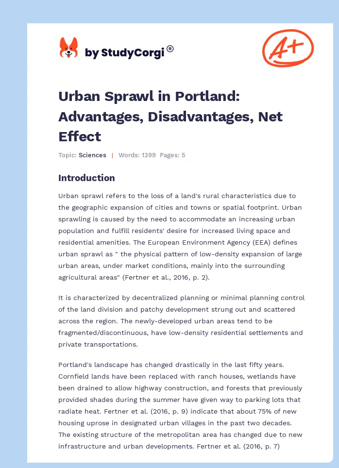 Urban Sprawl in Portland: Advantages, Disadvantages, Net Effect. Page 1