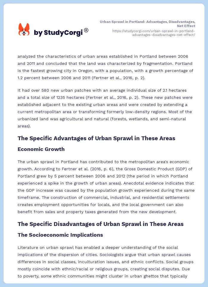 Urban Sprawl in Portland: Advantages, Disadvantages, Net Effect. Page 2
