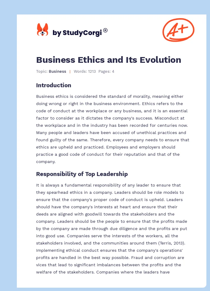 Business Ethics and Its Evolution. Page 1