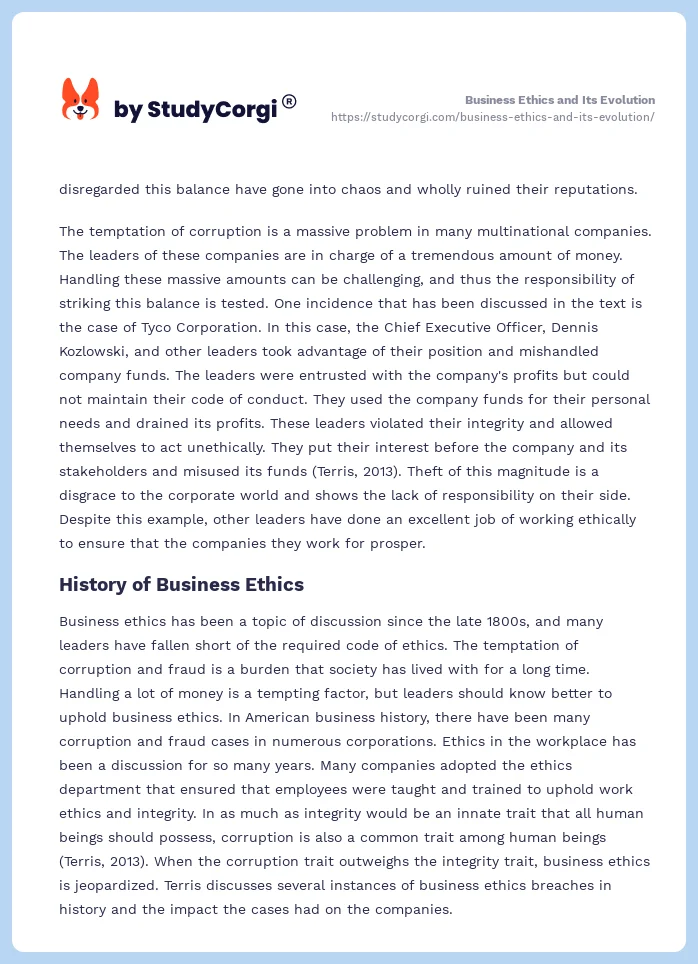Business Ethics and Its Evolution | Free Essay Example