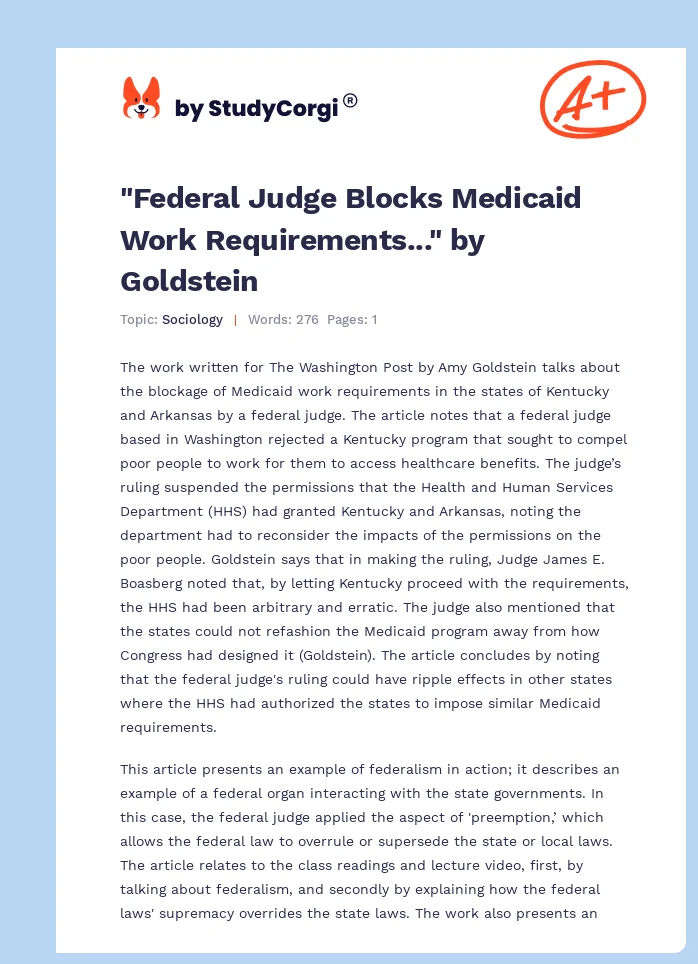 "Federal Judge Blocks Medicaid Work Requirements..." by Goldstein. Page 1