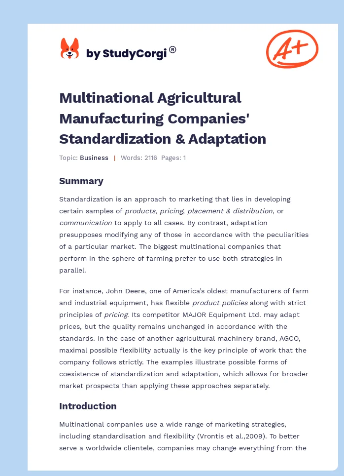 Multinational Agricultural Manufacturing Companies' Standardization & Adaptation. Page 1