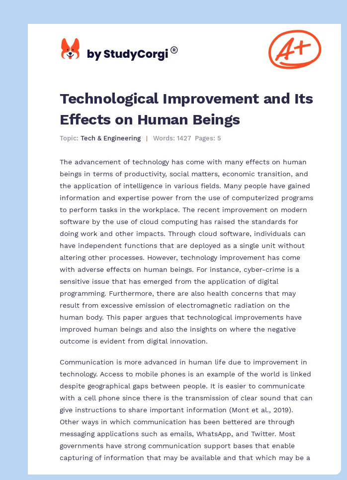 Technological Improvement and Its Effects on Human Beings. Page 1
