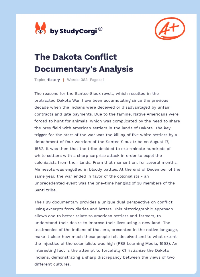 The Dakota Conflict Documentary's Analysis. Page 1