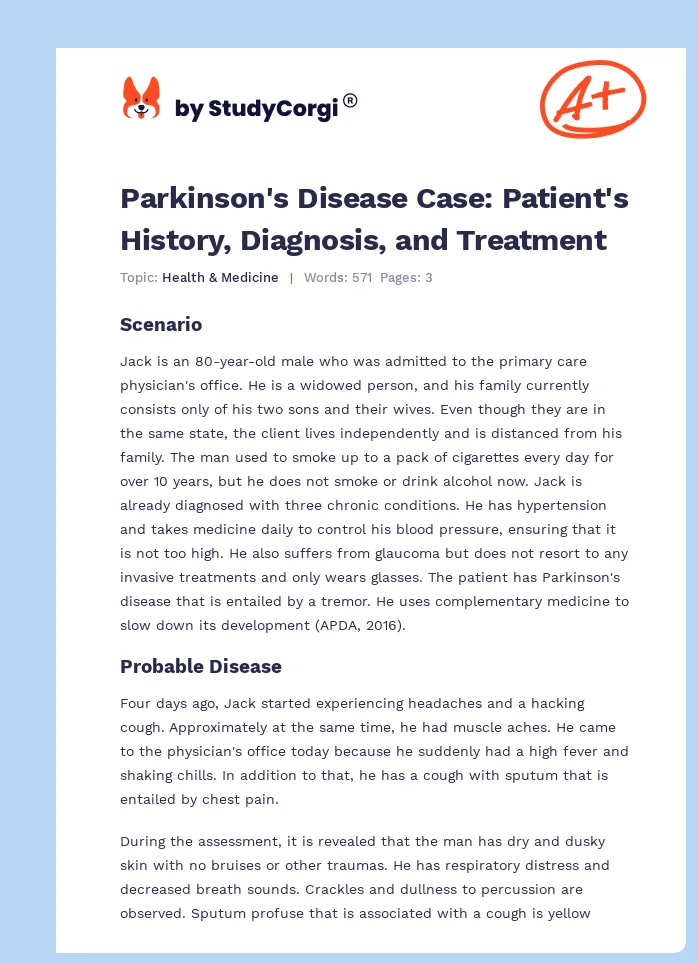 Parkinson's Disease Case: Patient's History, Diagnosis, and Treatment. Page 1