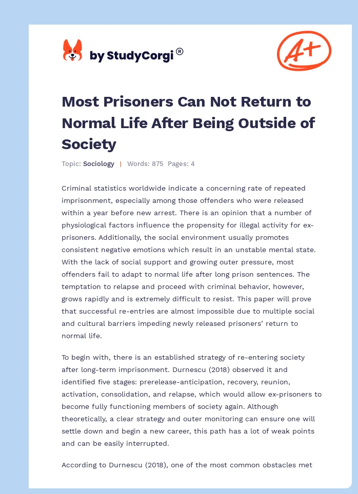Most Prisoners Can Not Return to Normal Life After Being Outside of Society. Page 1