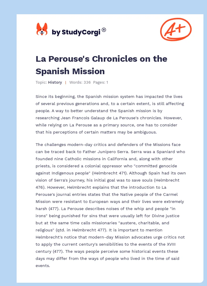 La Perouse's Chronicles on the Spanish Mission. Page 1