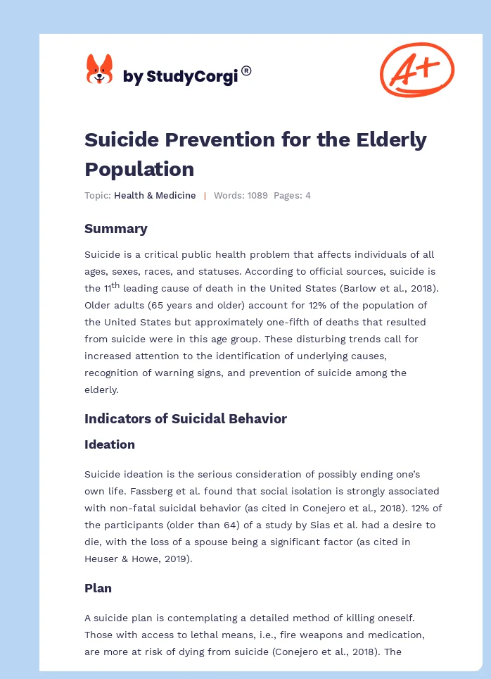 Suicide Prevention for the Elderly Population. Page 1