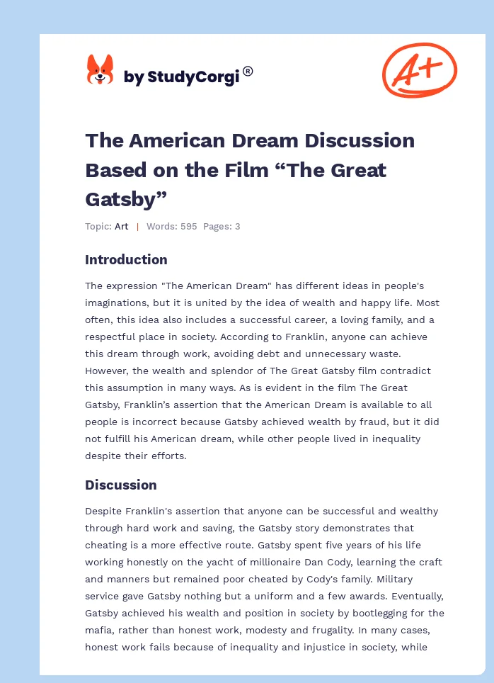 The American Dream Discussion Based on the Film “The Great Gatsby”. Page 1