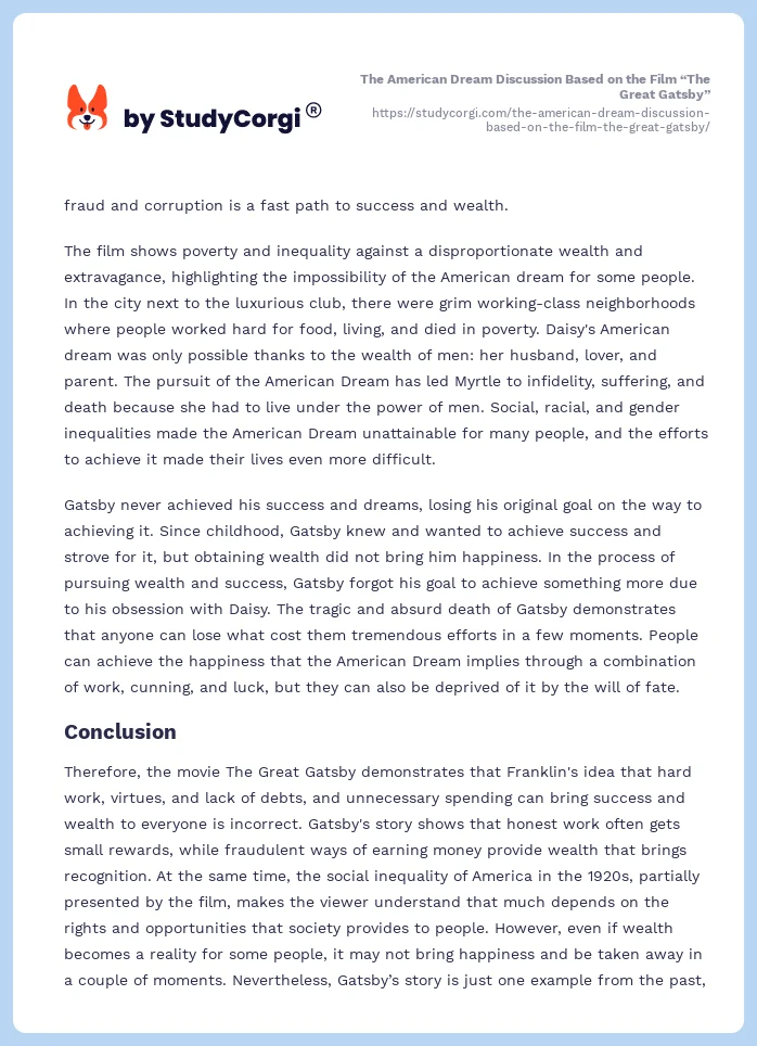 The American Dream Discussion Based on the Film “The Great Gatsby”. Page 2