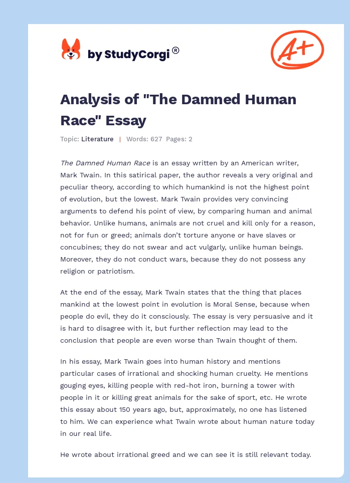 Analysis of "The Damned Human Race" Essay. Page 1
