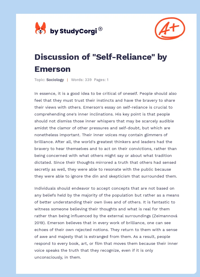 Discussion of "Self-Reliance" by Emerson. Page 1