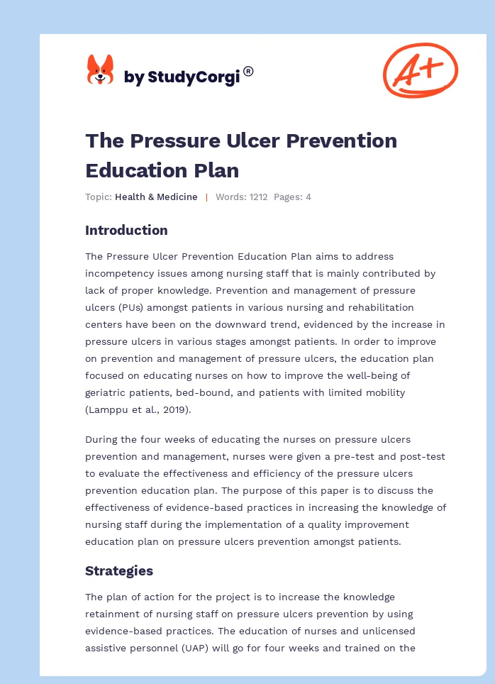 The Pressure Ulcer Prevention Education Plan. Page 1