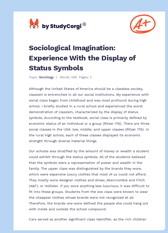Sociological Imagination: Experience With the Display of Status Symbols. Page 1