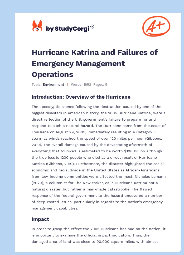 Hurricane Katrina and Failures of Emergency Management Operations. Page 1
