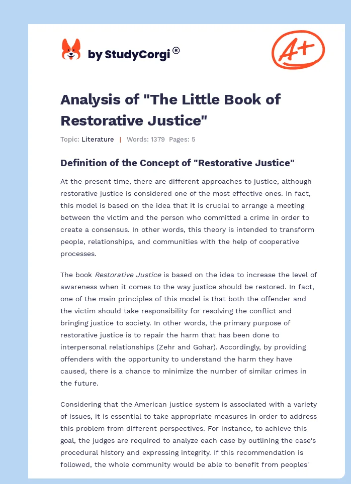 Analysis of "The Little Book of Restorative Justice". Page 1