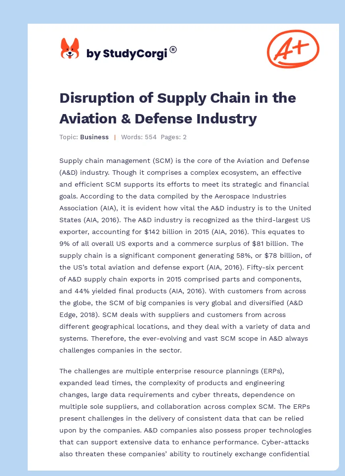 Disruption of Supply Chain in the Aviation & Defense Industry. Page 1