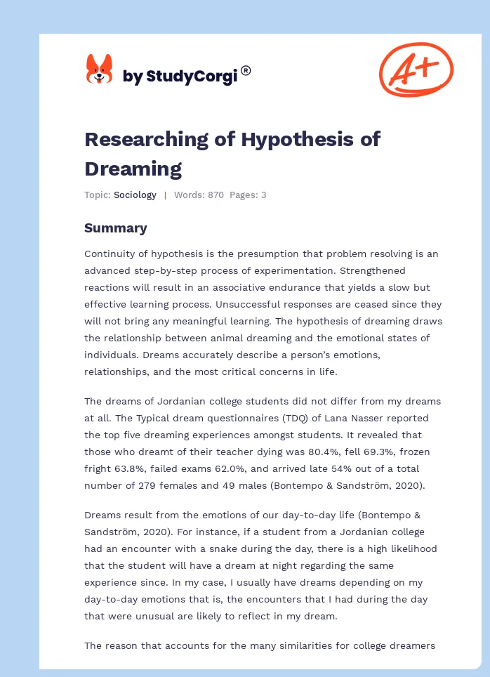 Researching of Hypothesis of Dreaming. Page 1