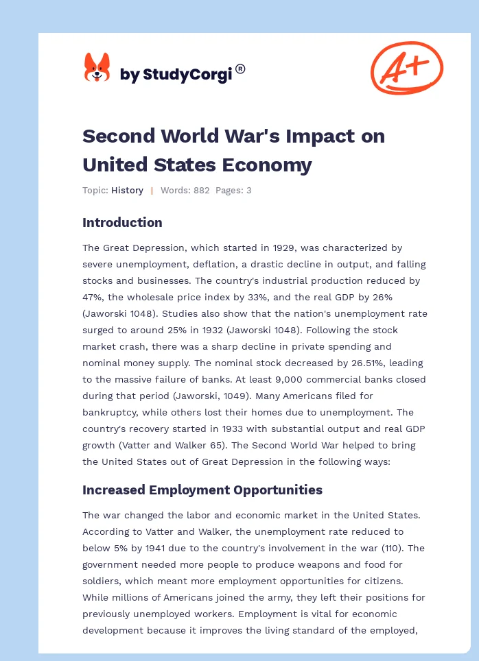 Second World War's Impact on United States Economy. Page 1
