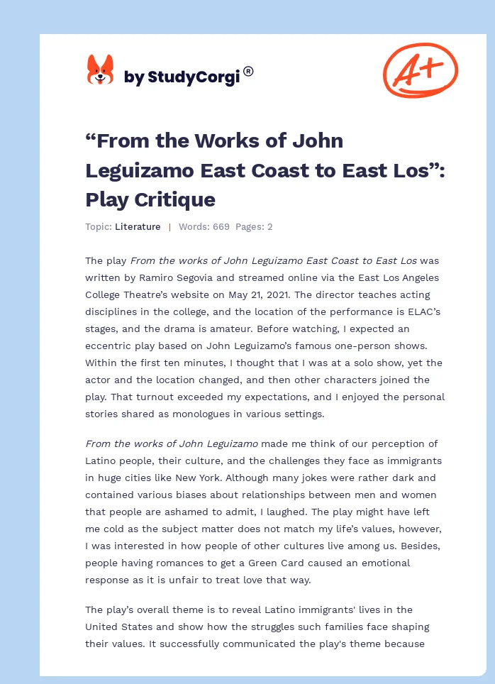 “From the Works of John Leguizamo East Coast to East Los”: Play Critique. Page 1