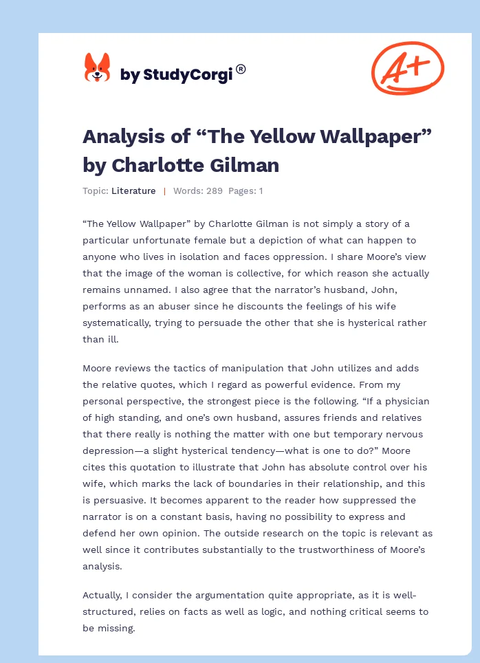 Analysis of “The Yellow Wallpaper” by Charlotte Gilman. Page 1