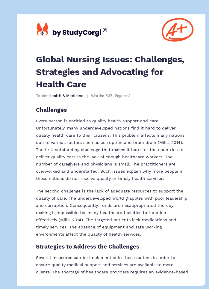 Global Nursing Issues: Challenges, Strategies and Advocating for Health Care. Page 1