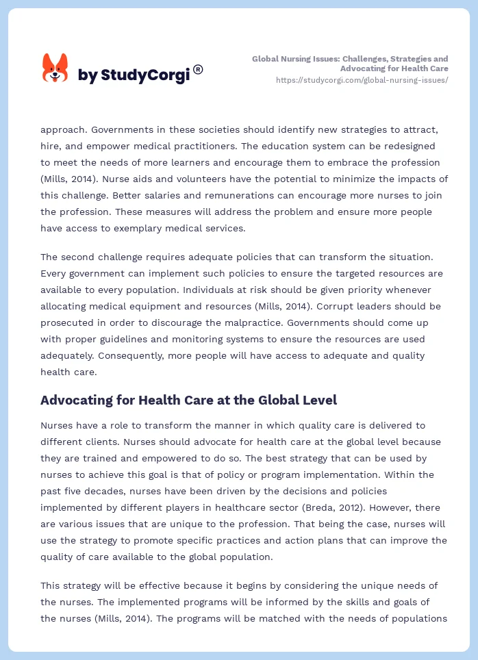 Global Nursing Issues: Challenges, Strategies and Advocating for Health Care. Page 2