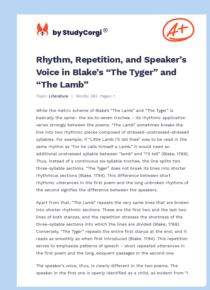 Rhythm, Repetition, and Speaker’s Voice in Blake’s “The Tyger” and “The Lamb”. Page 1