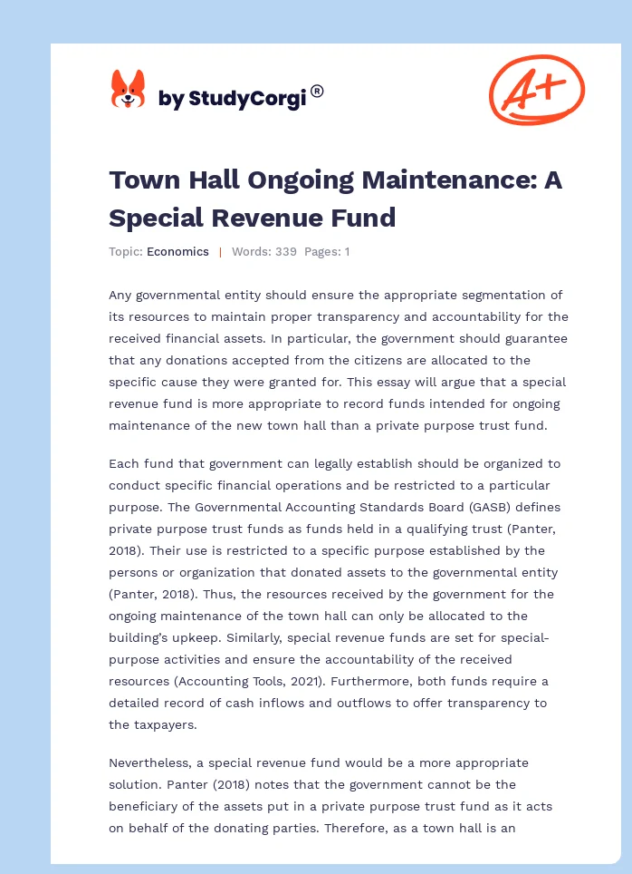 Town Hall Ongoing Maintenance: A Special Revenue Fund. Page 1