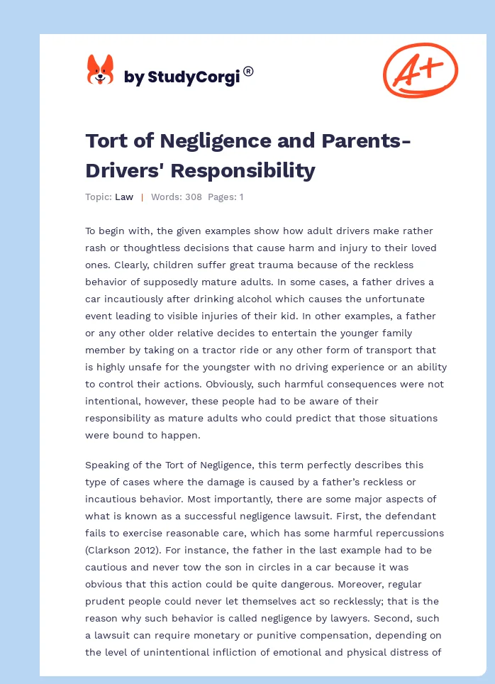 Tort of Negligence and Parents-Drivers' Responsibility. Page 1