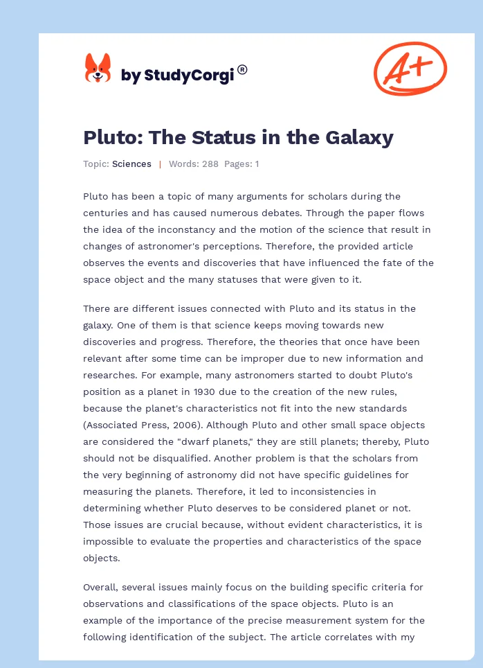 Pluto: The Status in the Galaxy. Page 1