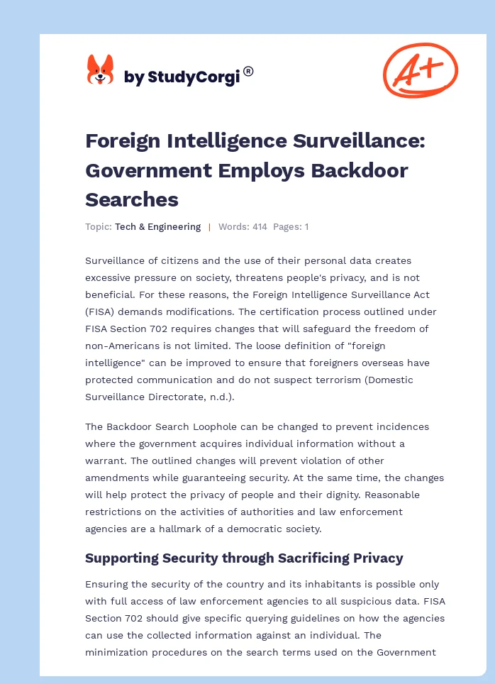Foreign Intelligence Surveillance: Government Employs Backdoor Searches. Page 1