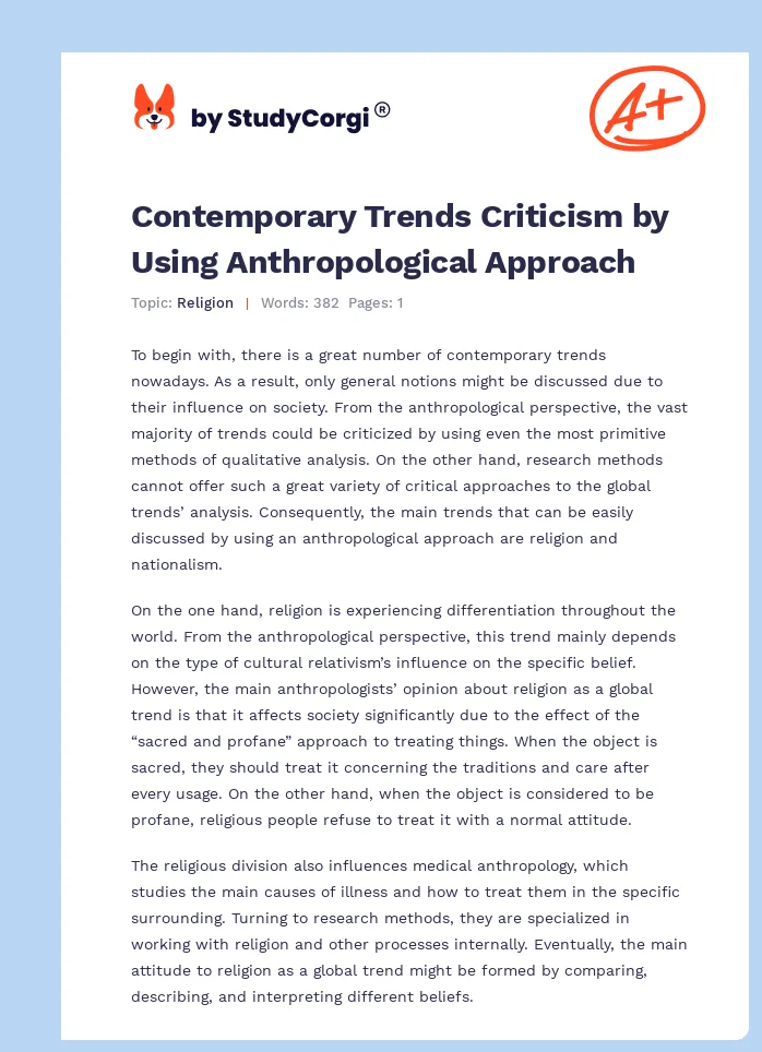 Contemporary Trends Criticism by Using Anthropological Approach. Page 1