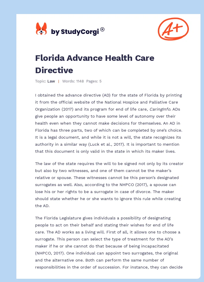 Florida Advance Health Care Directive. Page 1