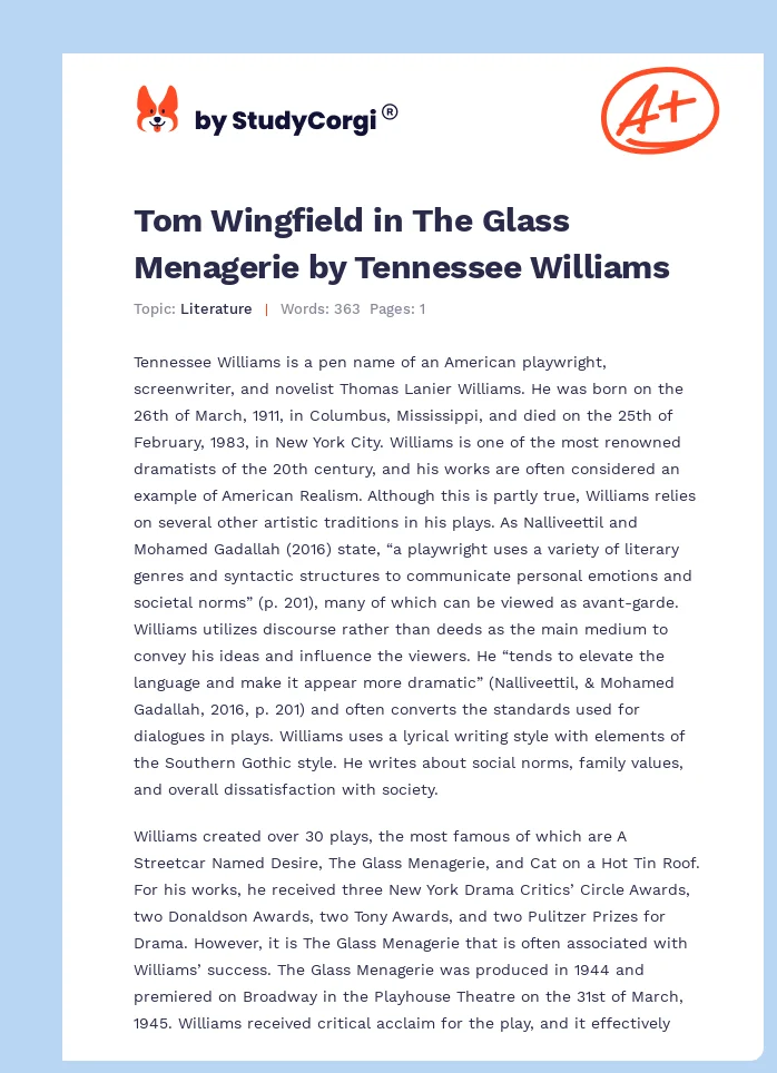 Tom Wingfield in The Glass Menagerie by Tennessee Williams. Page 1