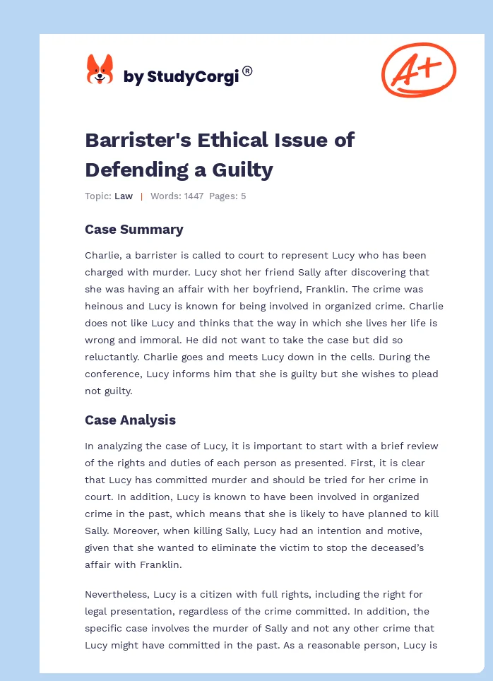 Barrister's Ethical Issue of Defending a Guilty. Page 1
