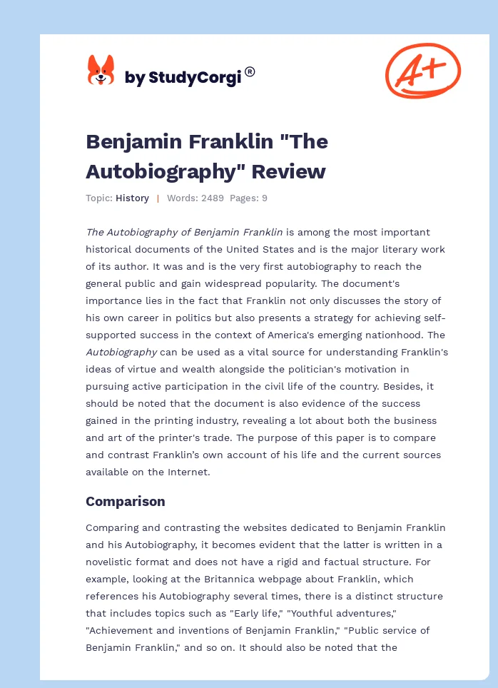 Benjamin Franklin "The Autobiography" Review. Page 1