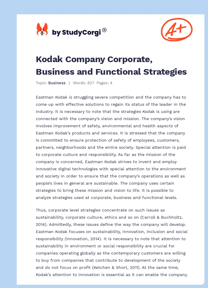 Kodak Company Corporate, Business and Functional Strategies. Page 1
