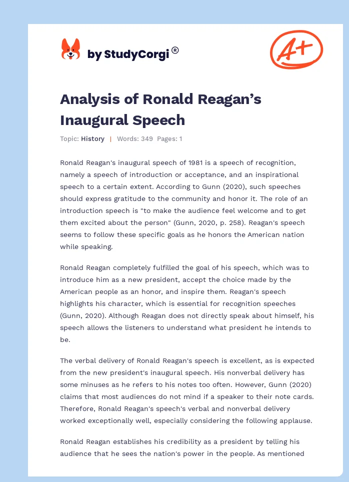 Analysis of Ronald Reagan’s Inaugural Speech. Page 1