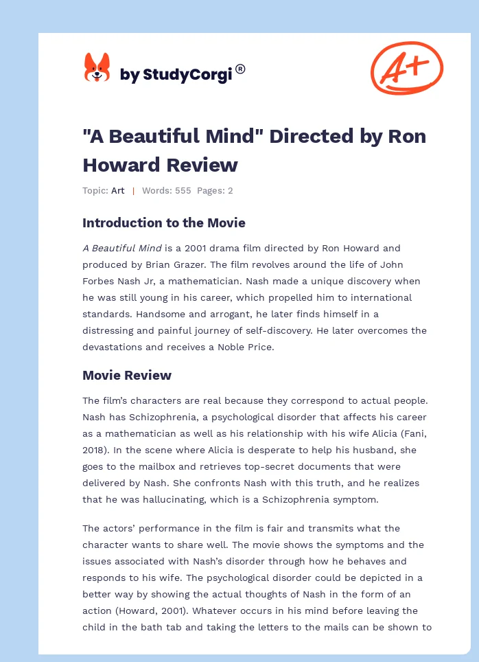 "A Beautiful Mind" Directed by Ron Howard Review. Page 1