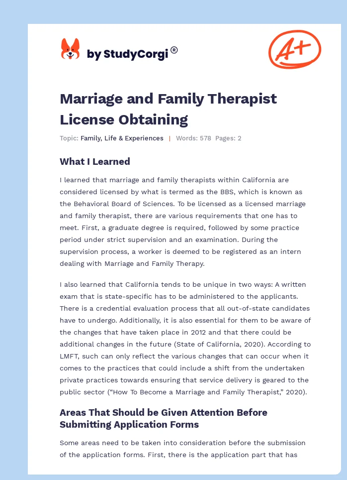 Marriage and Family Therapist License Obtaining. Page 1