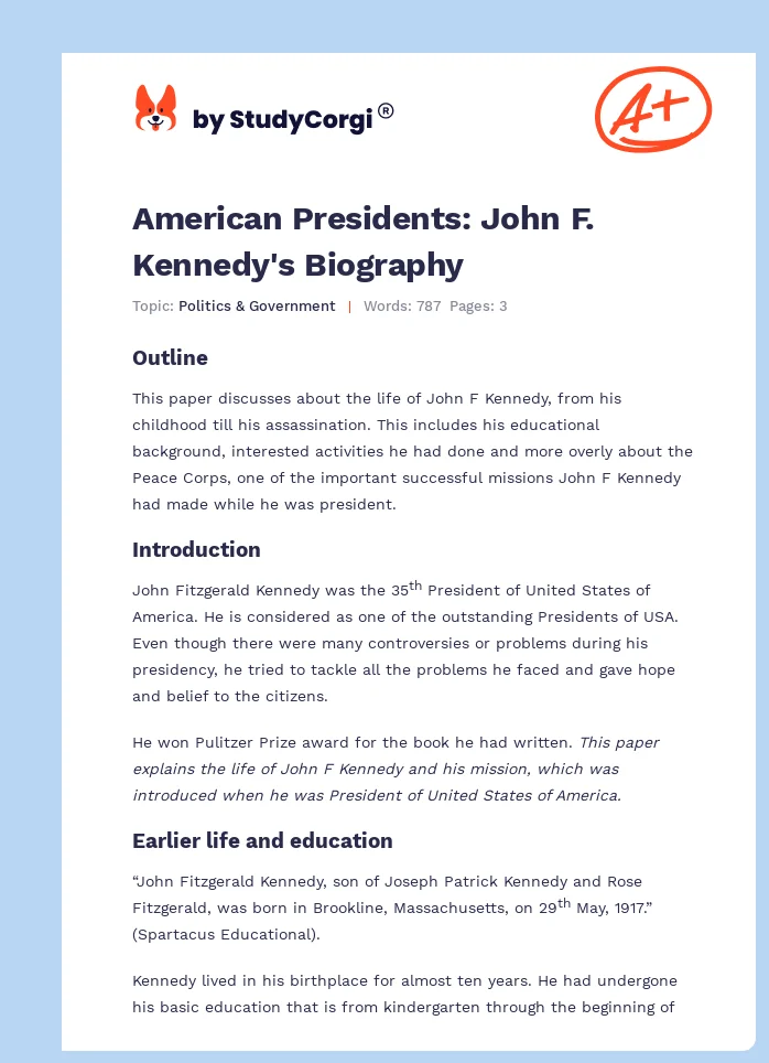 American Presidents: John F. Kennedy's Biography. Page 1
