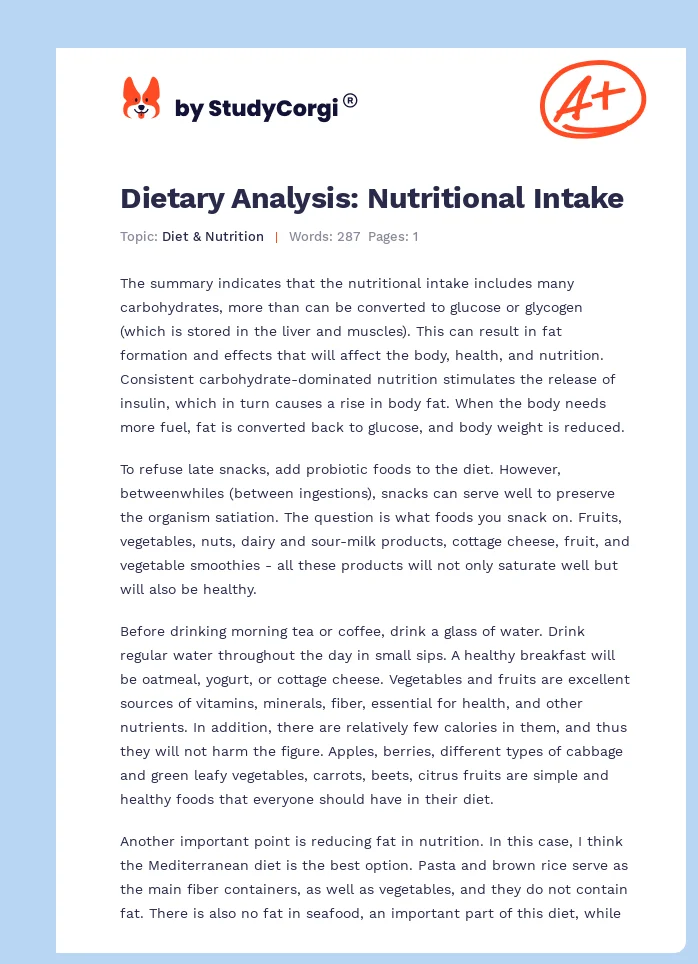 Dietary Analysis: Nutritional Intake. Page 1